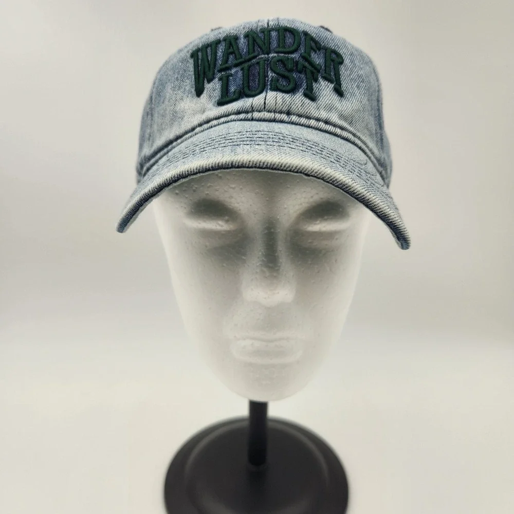Wanderlust Embroidered‎ Acid Wash Denim Baseball Cap Blue Green Adjustable NEW